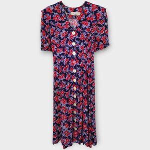 Jonathan Martin Womens Dress Sz. 8 Vintage 80s Blue Red Button Front Big Collar